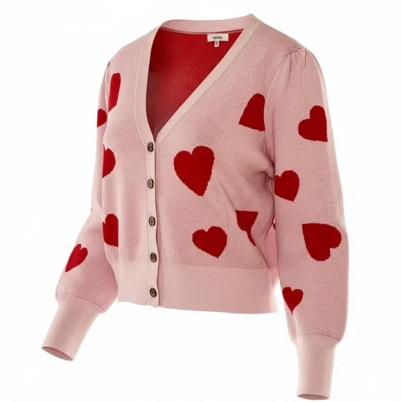 💕 Pink Heart Patterned Women's Button-Up Sweater - size XL - Picture 4 of 16